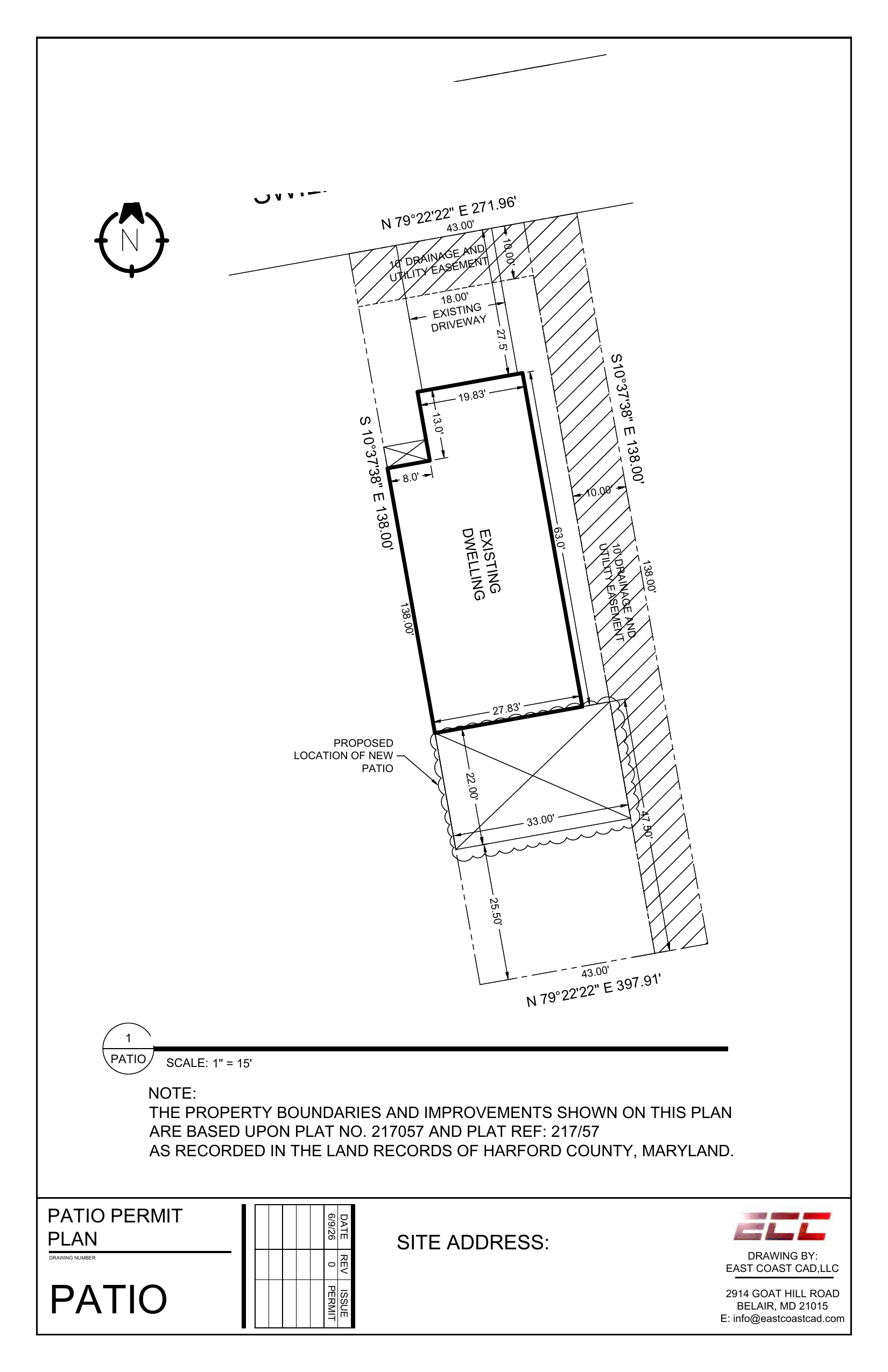 Sample patio permit plan. Compiled from the recorded plat. Not a field survey.